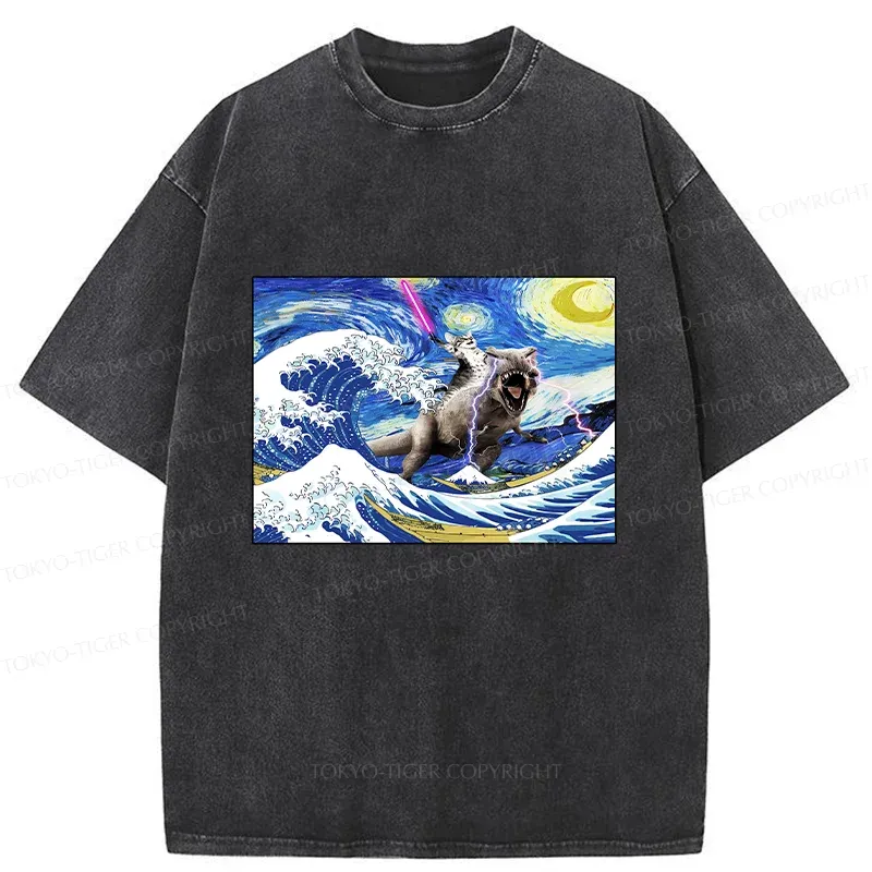 Tokyo-Tiger Cat Riding A Dinosaur In The Surf Washed T-Shirt Sale