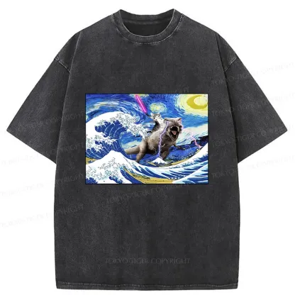 Tokyo-Tiger Cat Riding A Dinosaur In The Surf Washed T-Shirt