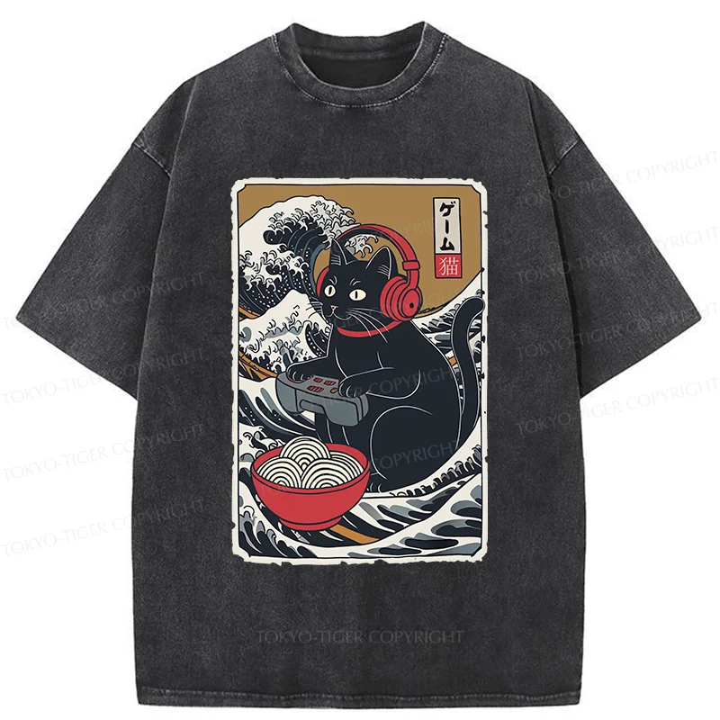 Tokyo-Tiger Cat Playing Video Games Washed T-Shirt