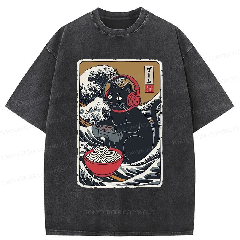 Tokyo-Tiger Cat Playing Video Games Washed T-Shirt