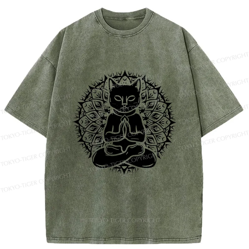 Tokyo-Tiger Yoga Cat Japanese Washed T-Shirt