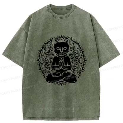Tokyo-Tiger Yoga Cat Japanese Washed T-Shirt