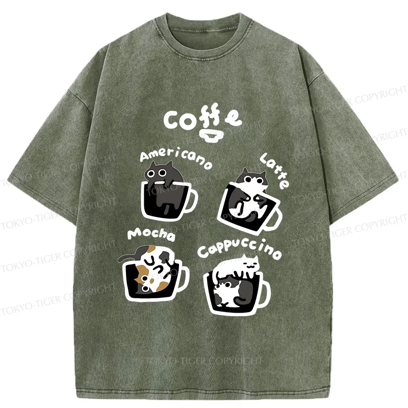 Tokyo-Tiger Four Types Of Coffee Cats Washed T-Shirt