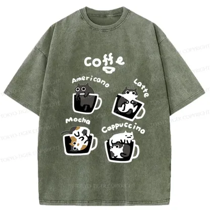 Tokyo-Tiger Four Types Of Coffee Cats Washed T-Shirt