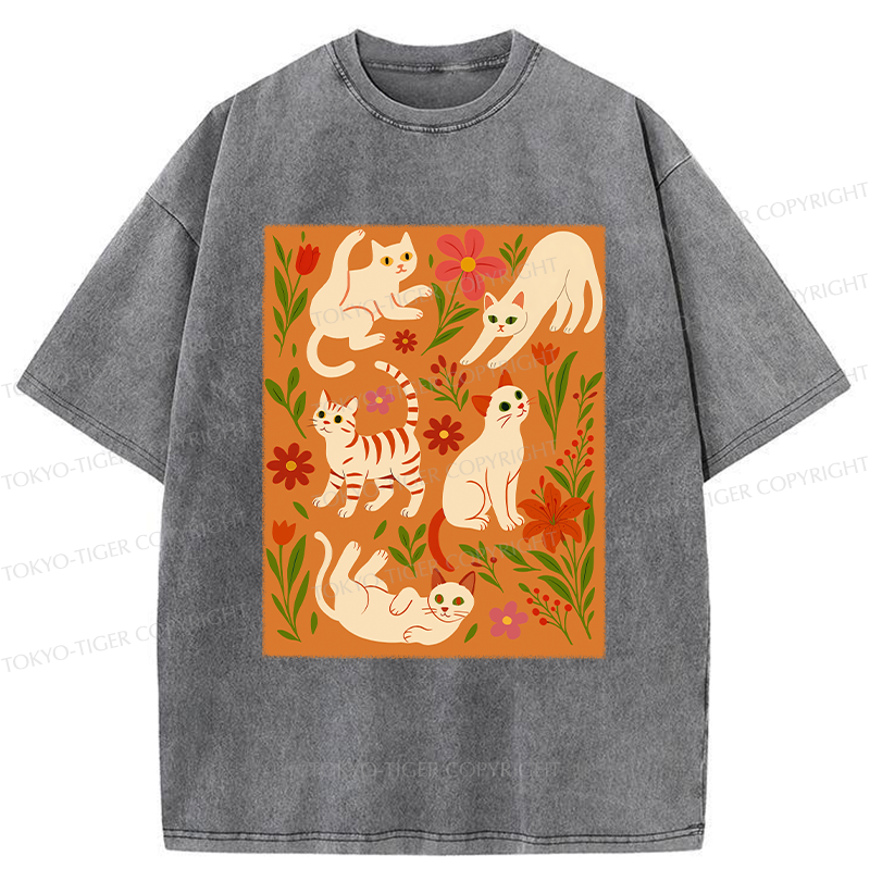 Tokyo-Tiger Cats And Flowers Washed T-Shirt
