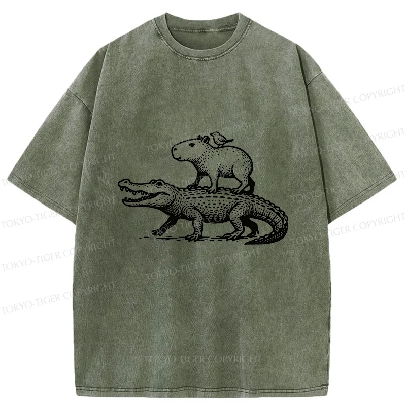 Tokyo-Tiger Capybaras Walking With Crocodile Washed T-Shirt