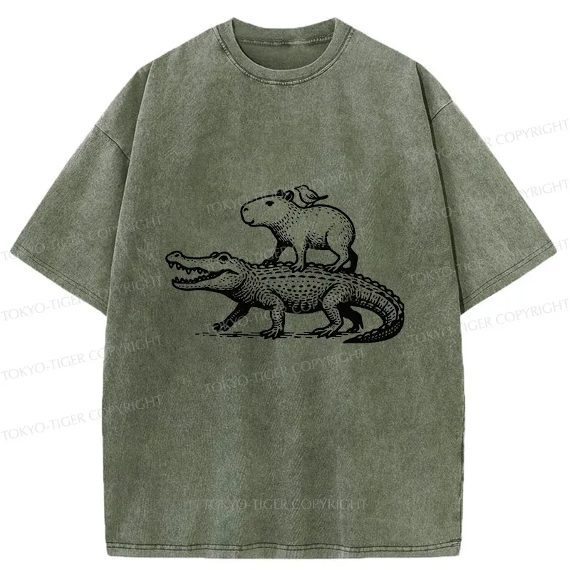 Tokyo-Tiger Capybaras Walking With Crocodile Washed T-Shirt Sale