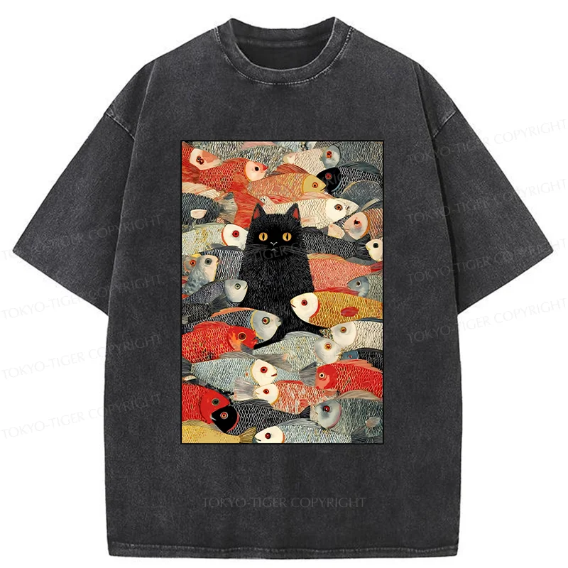 Tokyo-Tiger Cats And Fish Washed T-Shirt