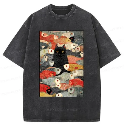 Tokyo-Tiger Cats And Fish Washed T-Shirt
