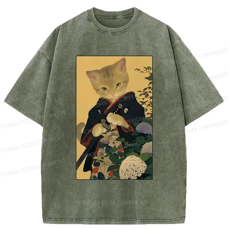 Tokyo-Tiger Kitten Japanese Samurai Washed T-Shirt
