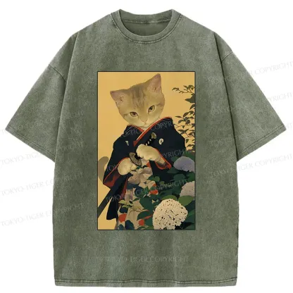 Tokyo-Tiger Kitten Japanese Samurai Washed T-Shirt