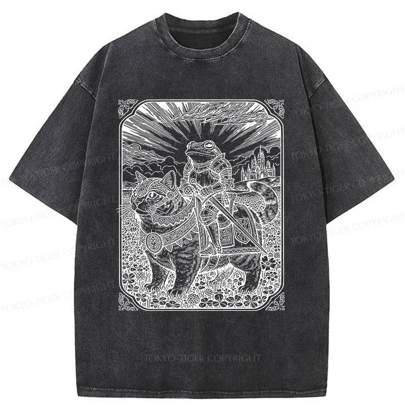 Tokyo-Tiger Frog Riding Cat Retro Washed T-Shirt