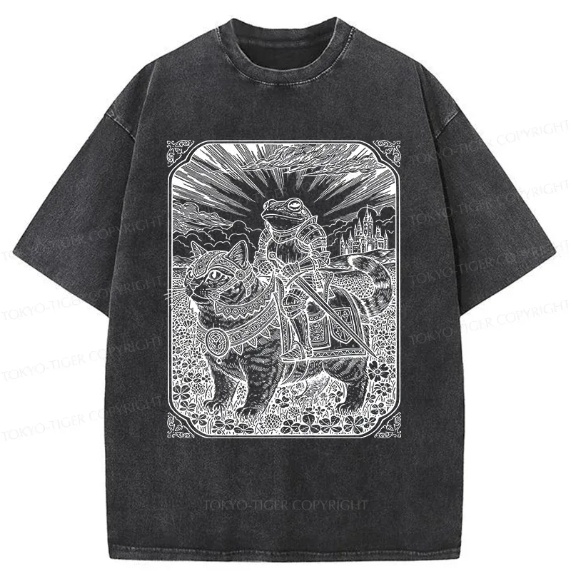 Tokyo-Tiger Frog Riding Cat Retro Washed T-Shirt
