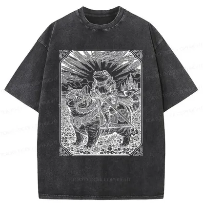 Tokyo-Tiger Frog Riding Cat Retro Washed T-Shirt
