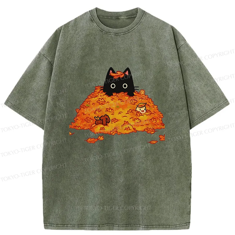 Tokyo-Tiger Black Cat In Autumn Leaves Washed T-Shirt