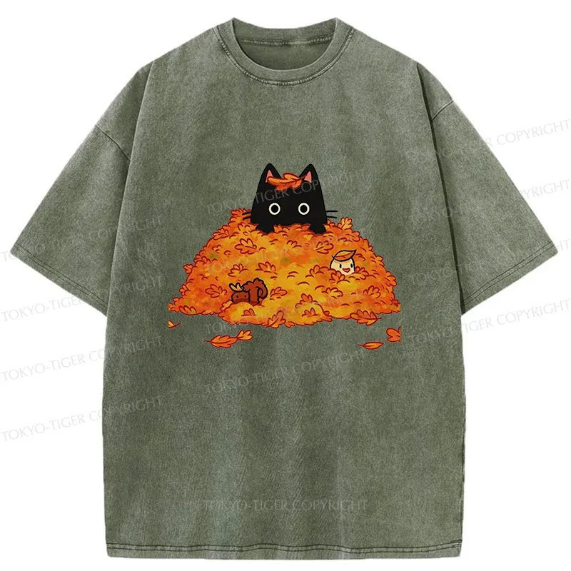 Tokyo-Tiger Black Cat In Autumn Leaves Washed T-Shirt