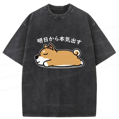Tokyo-Tiger Lazy Puppy Funny Washed T-Shirt