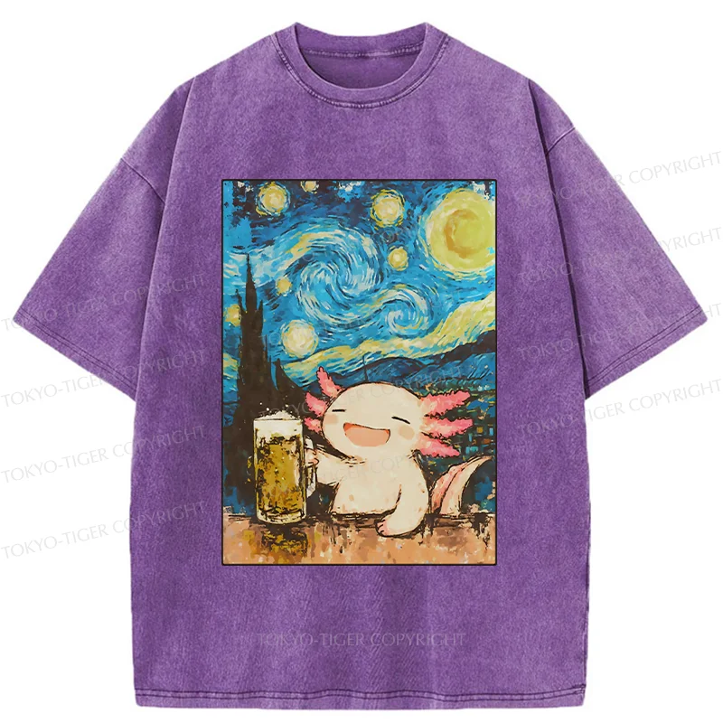 Tokyo-Tiger Axolotl Drinking Beer Washed T-Shirt