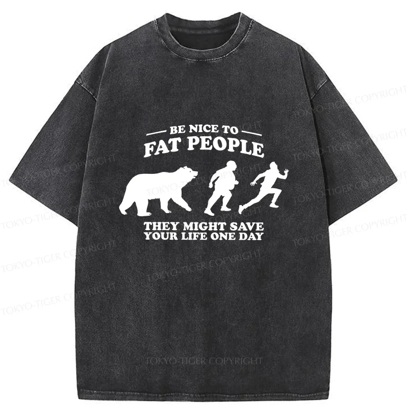 Tokyo-Tiger Fat Bear Chasing Fat Man Washed T-Shirt
