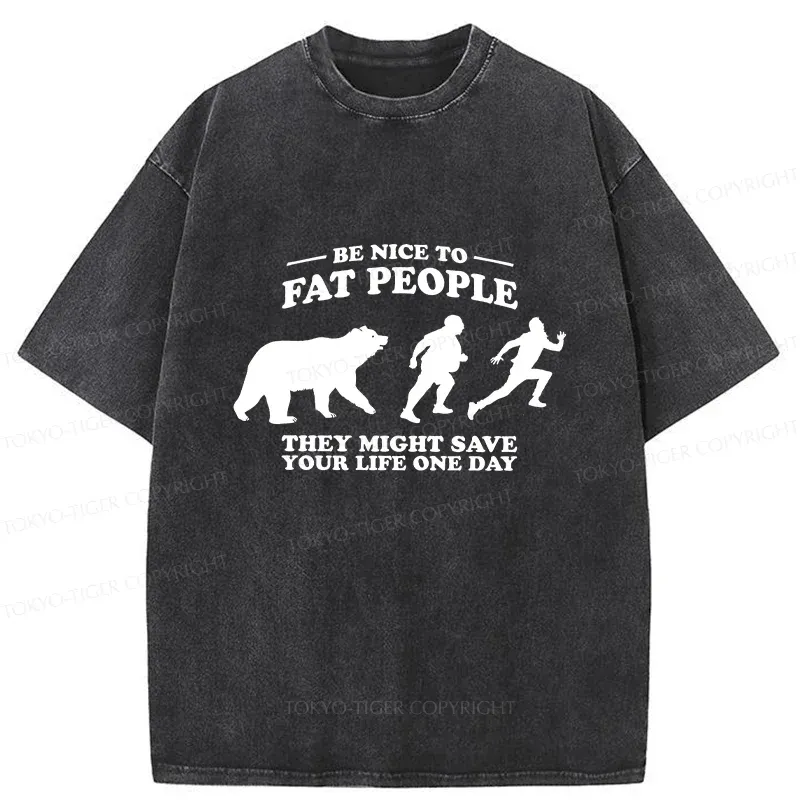 Tokyo-Tiger Fat Bear Chasing Fat Man Washed T-Shirt