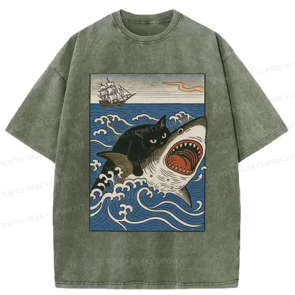 Tokyo-Tiger Cat Hunting Shark Washed T-Shirt