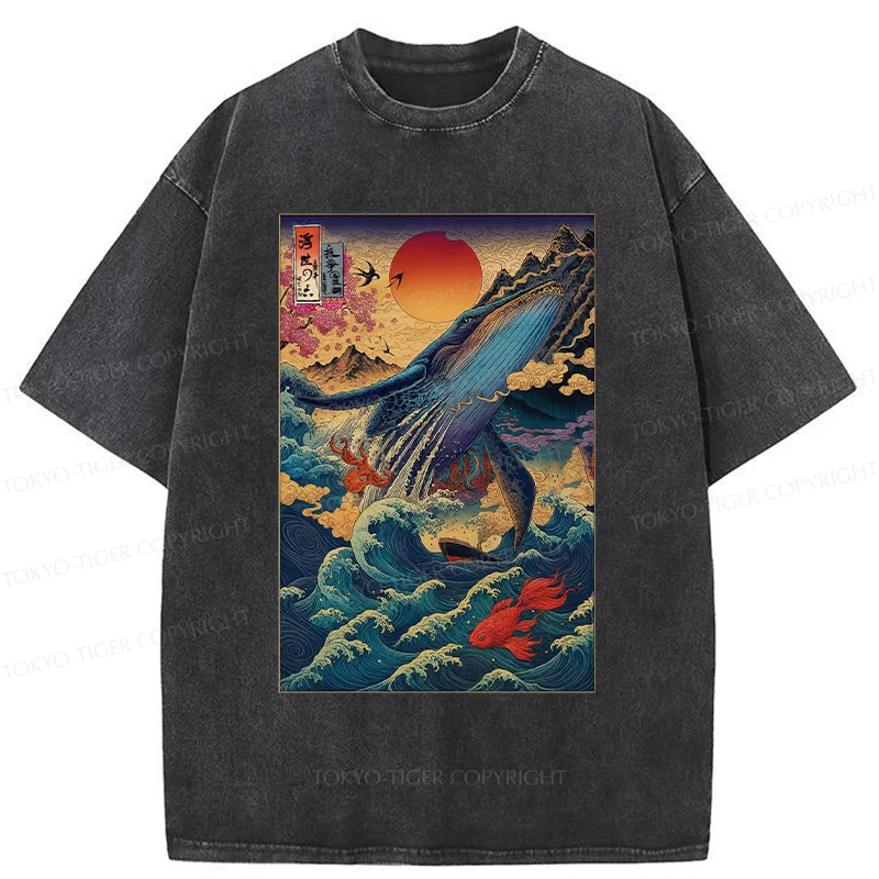 Tokyo-Tiger Ukiyoe Whale Japan Washed T-Shirt Sale