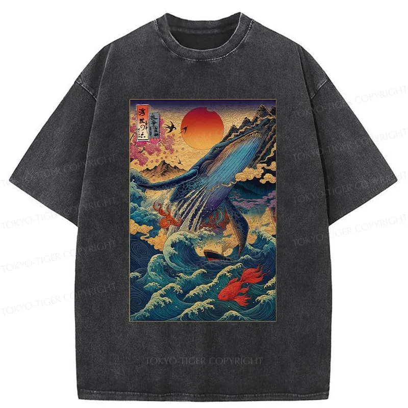 Tokyo-Tiger Ukiyoe Whale Japan Washed T-Shirt Sale