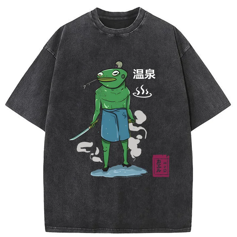 Tokyo-Tiger Frog Samurai Bathing In Hot Spring Washed T-Shirt
