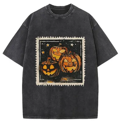 Tokyo-Tiger Halloween Pumpkin Stamps Washed T-Shirt