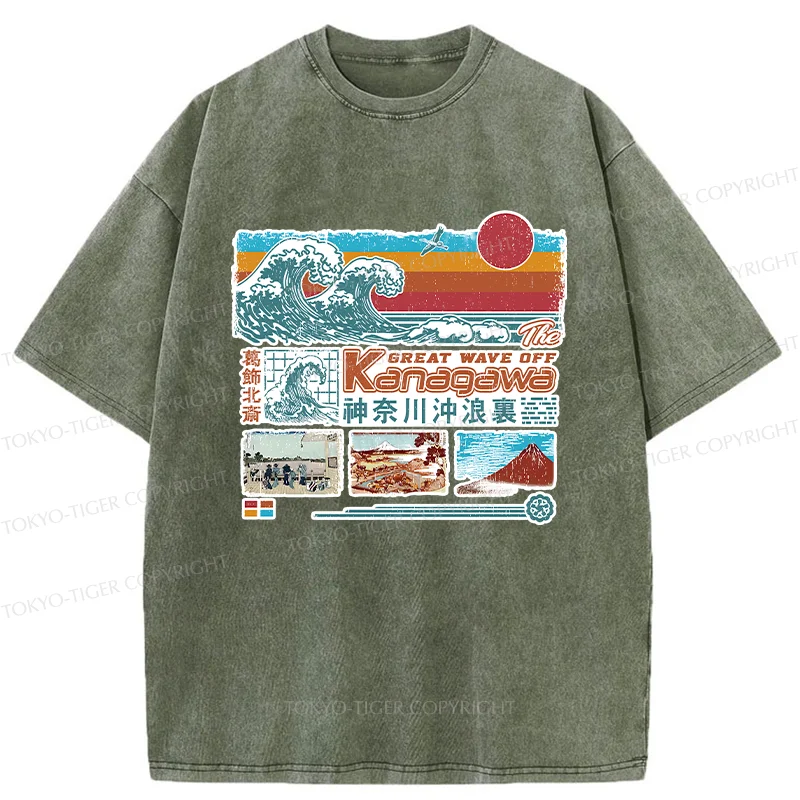 Tokyo-Tiger Retro Ukiyo-e Waves Washed T-Shirt