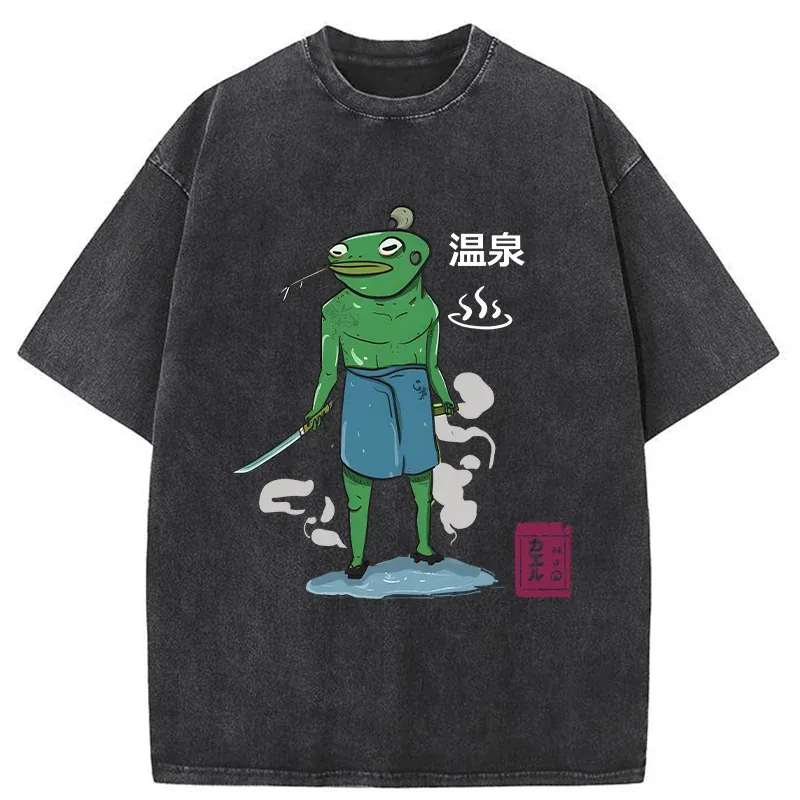 Tokyo-Tiger Frog Samurai Bathing In Hot Spring Washed T-Shirt