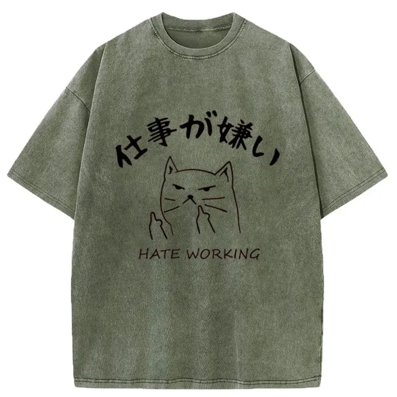 Tokyo-Tiger A Cat That Hates Work Washed T-Shirt