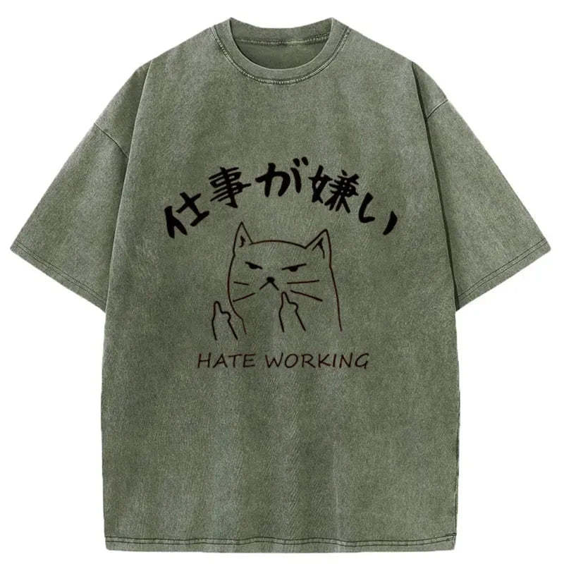Tokyo-Tiger A Cat That Hates Work Washed T-Shirt-tokyo-tiger