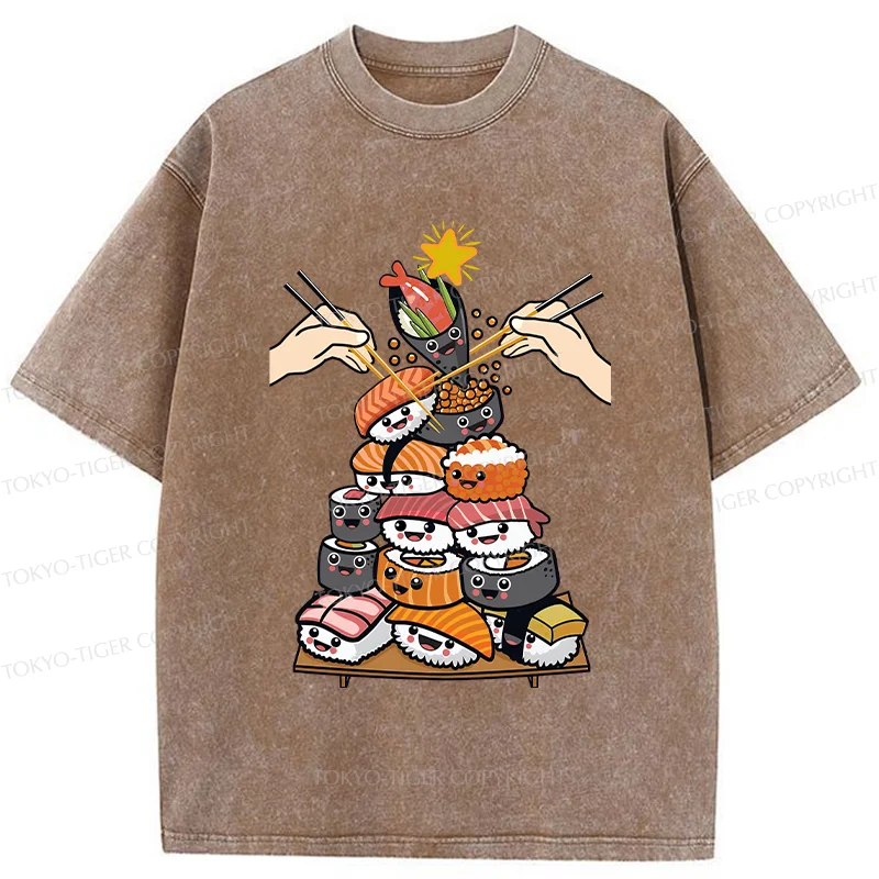 Tokyo-Tiger Sushi Christmas Tree Japan Washed T-Shirt
