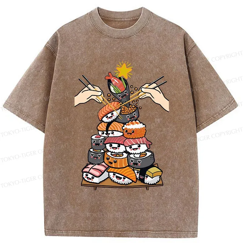 Tokyo-Tiger Sushi Christmas Tree Japan Washed T-Shirt