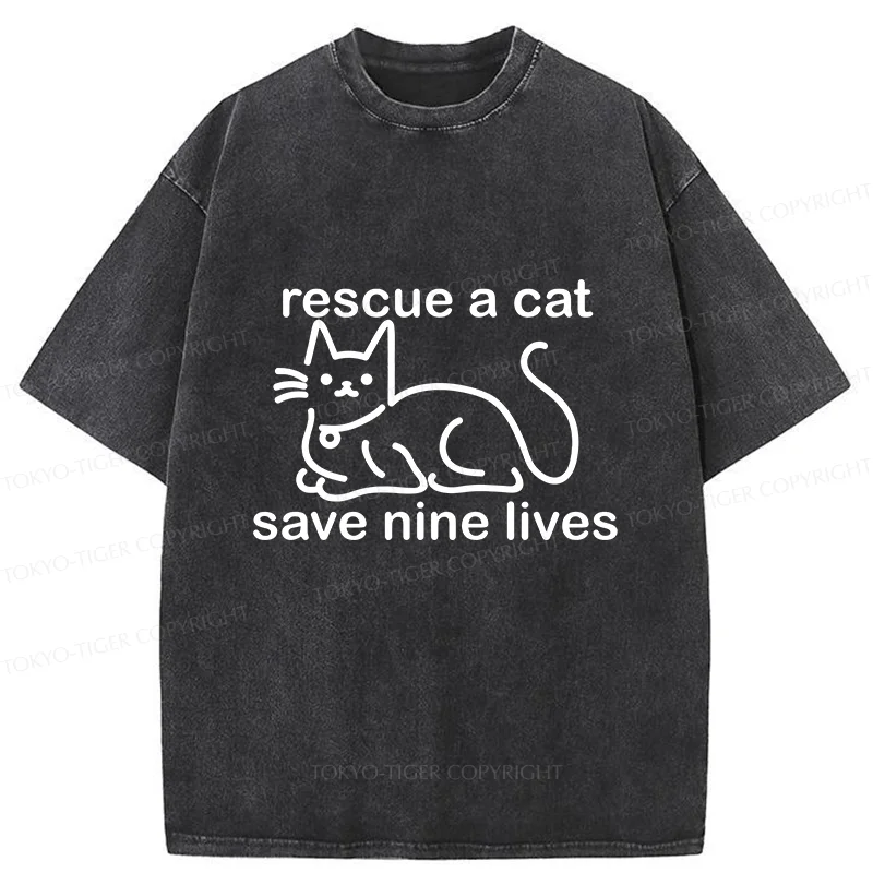 Tokyo-Tiger Nine Cats Funny Washed T-Shirt