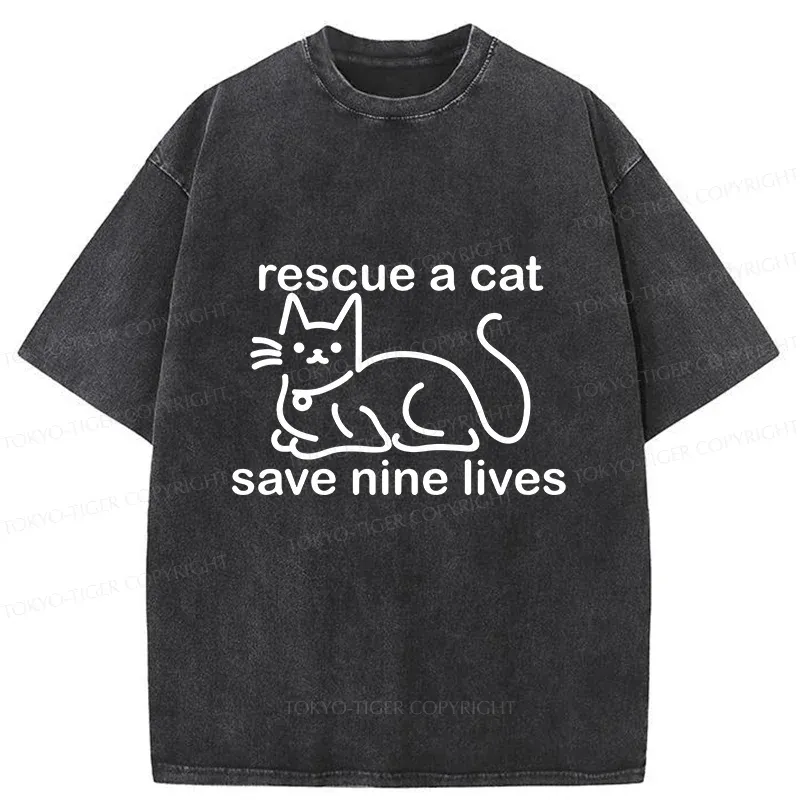 Tokyo-Tiger Nine Cats Funny Washed T-Shirt