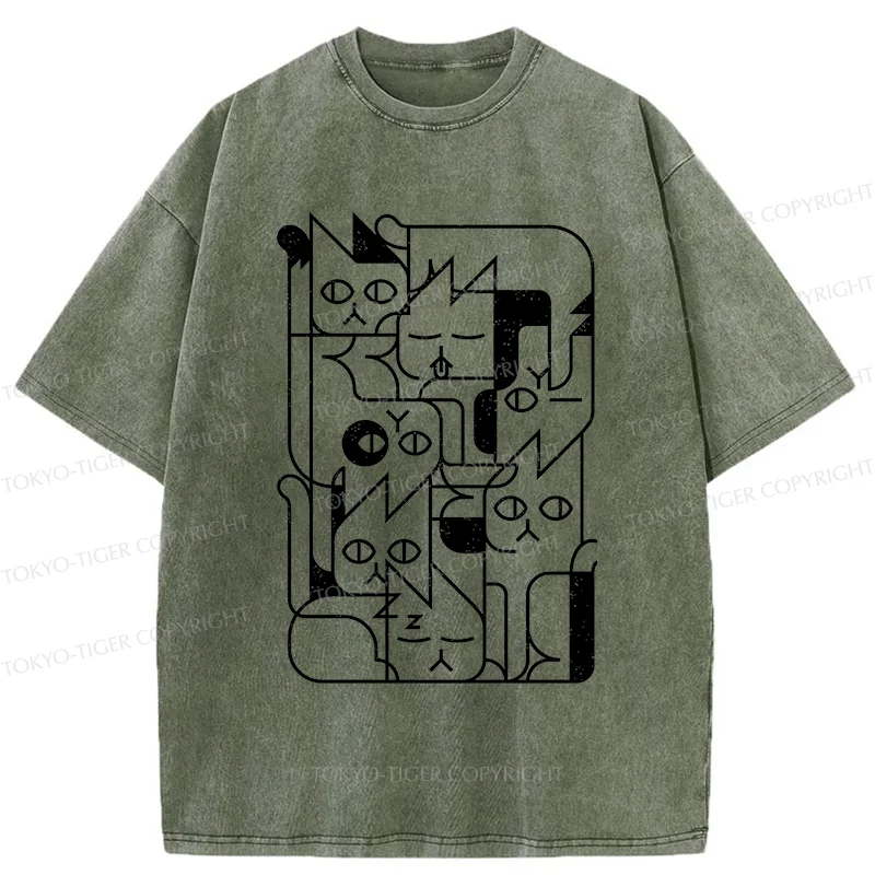 Tokyo-Tiger Abstract Cat Funny Washed T-Shirt