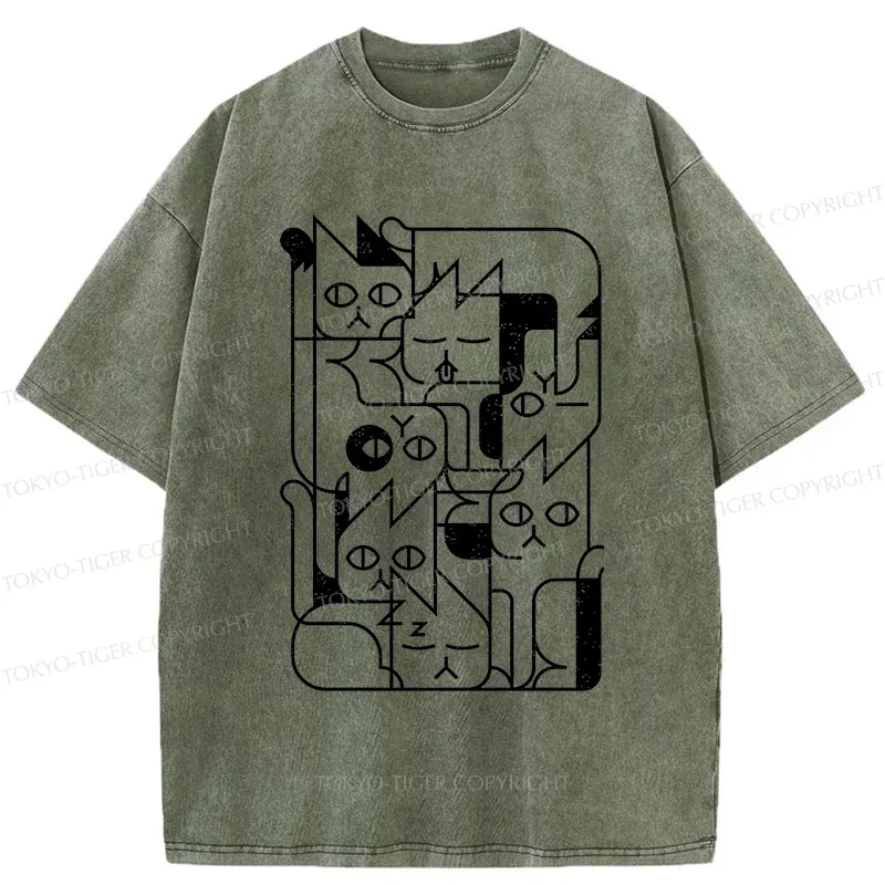 Tokyo-Tiger Abstract Cat Funny Washed T-Shirt