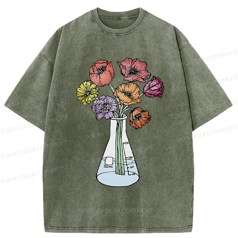 Tokyo-Tiger Beaker Flower Art Washed T-Shirt