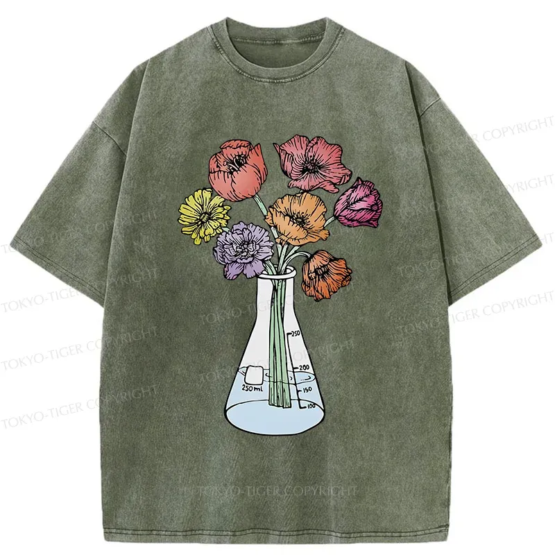 Tokyo-Tiger Beaker Flower Art Washed T-Shirt