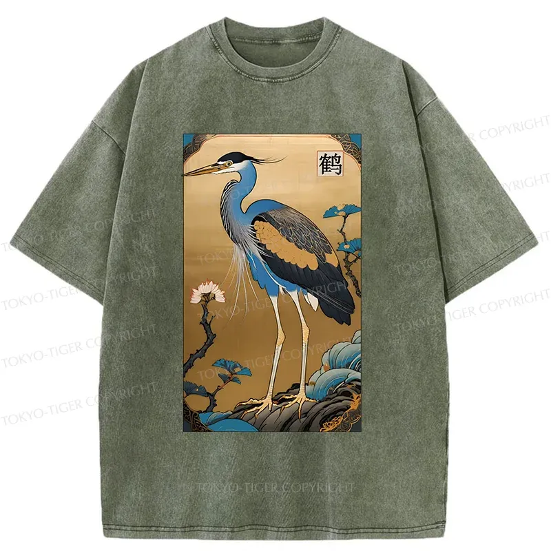 Tokyo-Tiger Ukiyo-e Japanese Cranes Washed T-Shirt