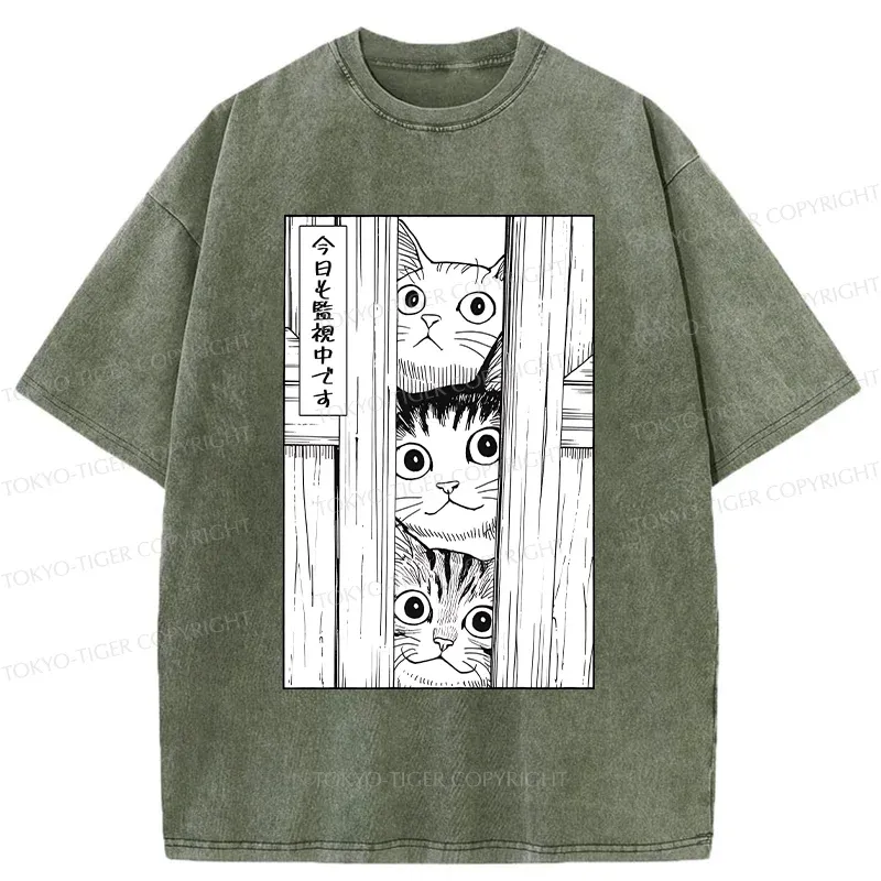 Tokyo-Tiger Three Cats Watching You Washed T-Shirt