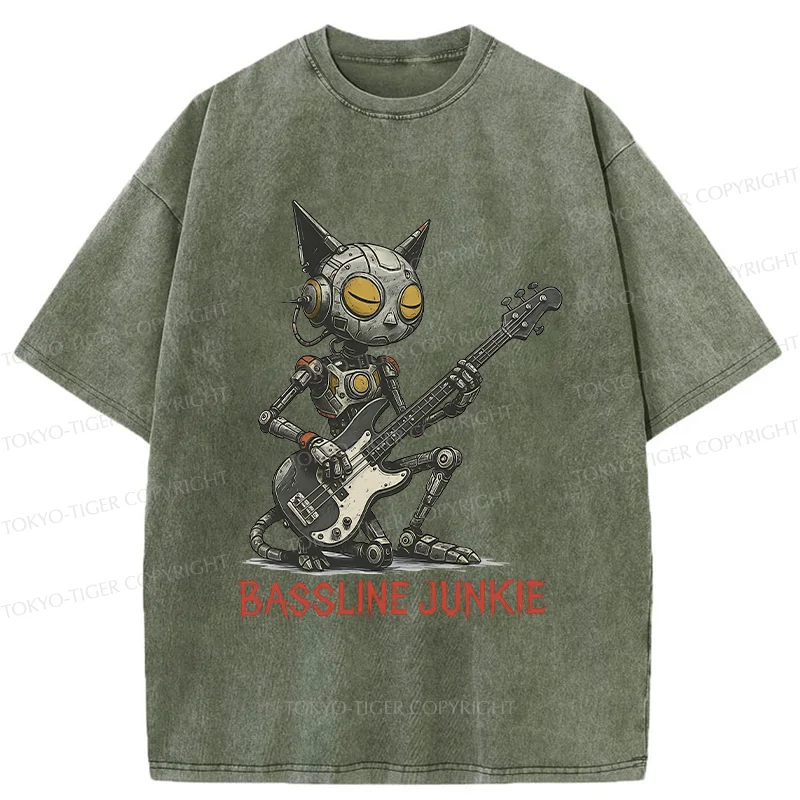 Tokyo-Tiger Robot Cat Playing Bass Washed T-Shirt