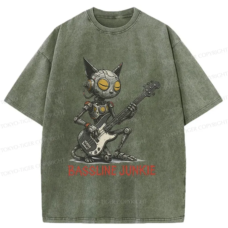 Tokyo-Tiger Robot Cat Playing Bass Washed T-Shirt