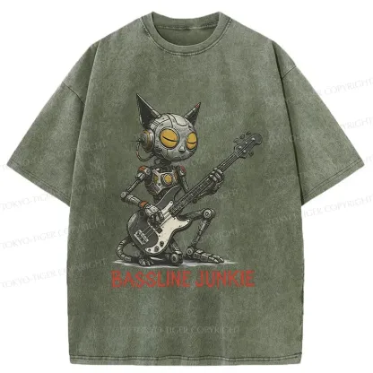 Tokyo-Tiger Robot Cat Playing Bass Washed T-Shirt