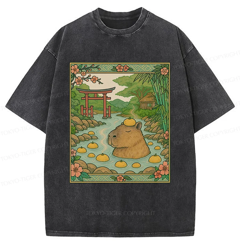 Tokyo-Tiger Bathing Capybara Ukiyoe Washed T-Shirt