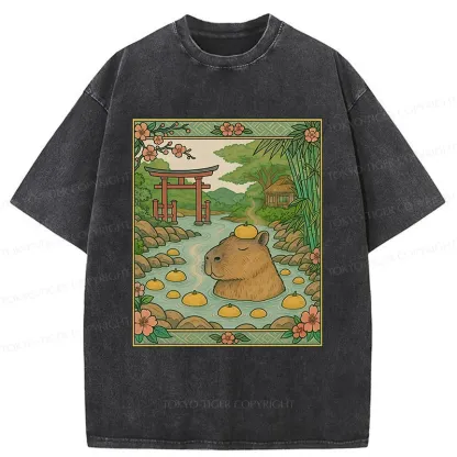 Tokyo-Tiger Bathing Capybara Ukiyoe Washed T-Shirt