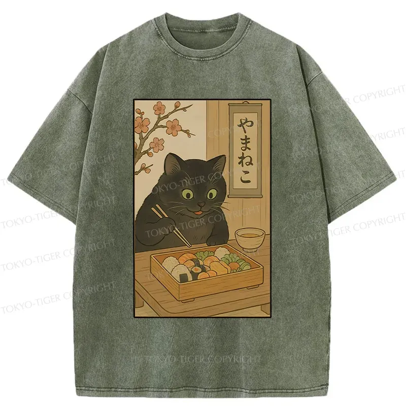 Tokyo-Tiger Black Cat Eating Sushi Washed T-Shirt