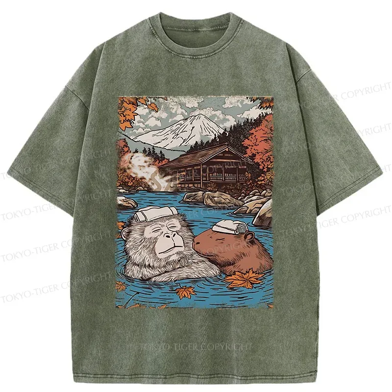 Tokyo-Tiger Monkeys And Capybaras Taking A Bath Washed T-Shirt